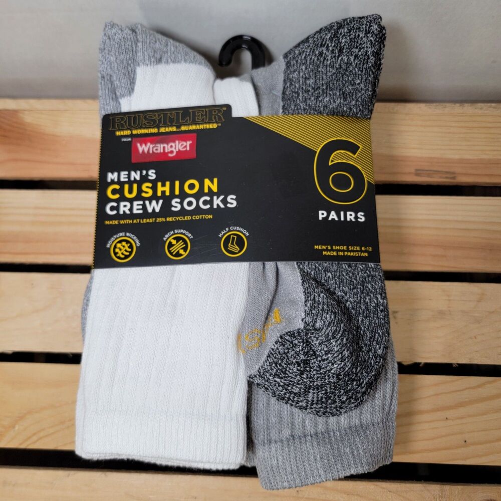 6 Pair Rustler Wrangler Men's Cushion Crew Socks - Shoe Size 6-12 NWT